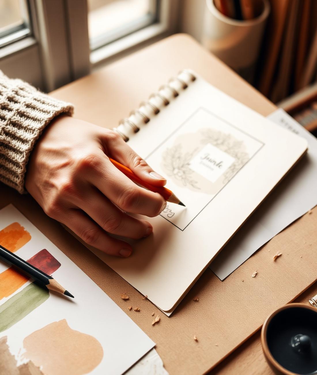 A designer sketching a custom journal cover in the Inklier studio